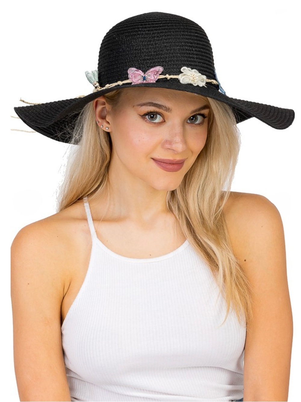 Straw Tie Beach Hat with Butterfly Trim – Black Color